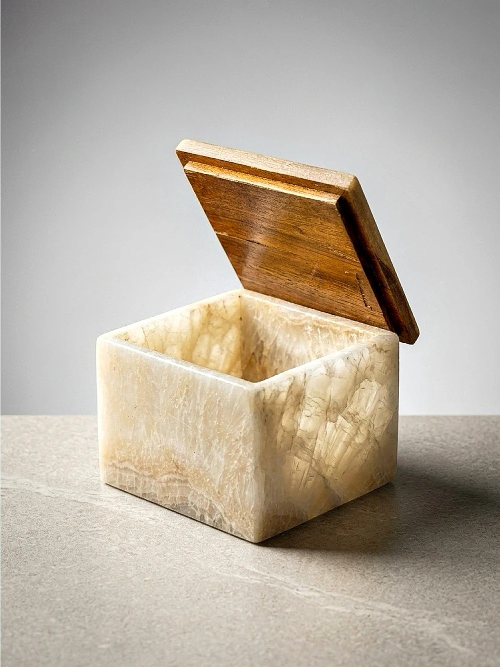 Vintage Solid Alabaster Stone Box with Wood Lid